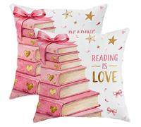 Set di 2 federe per cuscini a tema libri, fantasiosi e giocosi con fiocchi e stelle, senza pesca, con cerniera nascosta, cuscini decorativi per soggiorno, letto, ufficio, divano, sedia, decorazione 50