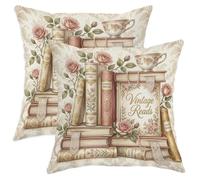 Set di 2 federe per cuscini a tema libri, stile vintage, romantiche, con rose e senza rosa, con cerniera nascosta, per casa, soggiorno, camera da letto, dormitorio, divano, 35,5 x 35,5 cm