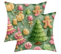 Set di 2 federe per cuscini a tema omino di pan di zenzero, albero di Natale lecca-lecca, verde, in morbido velluto, lavabile, decorative, per soggiorno, appartamento, letto, divano, 30,5 x 30,5 cm