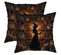 Set di 2 federe per cuscini a tema strega, gotico, fantasioso, con pozioni e libri, Halloween, in morbido velluto nero, lavabili, per soggiorno, appartamento, letto, divano, decorazione 40,6 x 40,6 cm