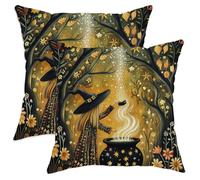 Set di 2 federe per cuscini autunnali a forma di strega, colore nero e oro, con calderone magico, decorative, per divano, casa, 50,8 x 50,8 cm