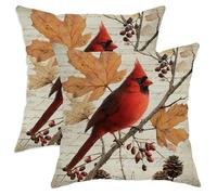 Set di 2 federe per cuscini autunnali, con uccellino rosso cardinale e foglie autunnali, decorazione accogliente per soggiorno, divano letto, 50 x 50 cm