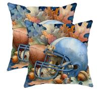 Set di 2 federe per cuscini autunnali, motivo casco da calcio e palla da gioco, decorative, per casa, divano, letto, 66 x 66 cm