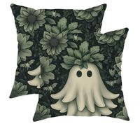 Set di 2 federe per cuscini autunnali, verde scuro, fantasmi e fiori, decorazione quadrata per Halloween, decorazione per casa, divano, letto, 66 x 66 cm