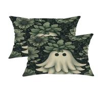 Set di 2 federe per cuscini autunnali, verde scuro, fantasmi e fiori, decorazione quadrata per Halloween, decorazione per casa, divano, letto, 50 x 30 cm
