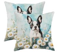 Set di 2 federe per cuscini Boston Terrier, motivo floreale con cane bianco e nero, decorazione per la casa, per divano, letto, 45 x 45 cm