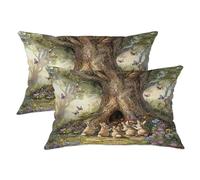 Set di 2 federe per cuscini con albero, coniglietto fantasioso, farfalla, verde primavera, in morbido velluto lavabile, per casa, camera da letto, soggiorno, divano, decorazione 50 x 30 cm