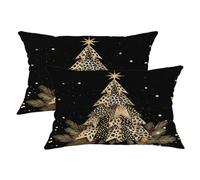Set di 2 federe per cuscini con albero di Natale, moderne e festive con stampa leopardata e stelle dorate, in morbido velluto nero, lavabili, per casa, camera da letto, soggiorno, divano, decorazione