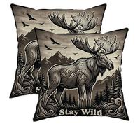 Set di 2 federe per cuscini con alci, rustiche, montagne, alberi, autunnali, con cerniera nascosta, per casa, soggiorno, camera da letto, dormitorio, divano, decorazione 35,5 x 35,5 cm