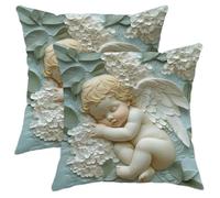 Set di 2 federe per cuscini con angelo in rilievo, morbide, color crema, floreali, decorative, quadrate, per divano, letto, divano, 50 x 50 cm