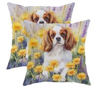 Set di 2 federe per cuscini con cane, Cavalier King Charles Spaniel, motivo floreale, per divano, letto, divano, 40,6 x 40,6 cm