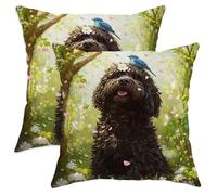 Set di 2 federe per cuscini con cane d'acqua portoghese primaverile, 45 x 45 cm, morbide e comode, graziose e graziose, in velluto, decorazione per la casa, per divano, soggiorno, letto