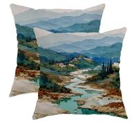 Set di 2 federe per cuscini con cerniera nascosta, motivo montagne, acquarello, alberi di fiume, nessuno verde, con cerniera nascosta, per soggiorno, letto, ufficio, divano, sedia, decorazione 30,5 x