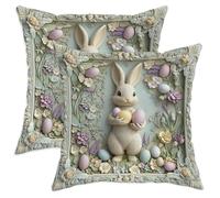 Set di 2 federe per cuscini con coniglio, fantasiose uova primaverili, fiori pasquali, in morbido velluto pastello, lavabili, quadrate, per casa, soggiorno, camera da letto, dormitorio, divano