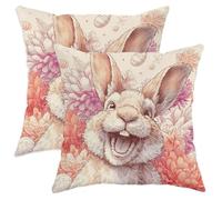 Set di 2 federe per cuscini con coniglio, fiori fantasiosi primaverili, uova di Pasqua, pesca pastello, morbido velluto, lavabile, decorative, per casa, soggiorno, camera da letto, dormitorio, divano