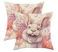 Set di 2 federe per cuscini con coniglio, fiori fantasiosi primaverili, uova pasquali, pesca pastello, morbido velluto, lavabili, quadrate, per casa, camera da letto, soggiorno, divano, decorazione 55