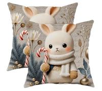 Set di 2 federe per cuscini con coniglio, motivo natalizio con bastoncini di zucchero e fiori natalizi, in morbido velluto bianco, lavabili, per soggiorno, camera da letto, loft, ufficio, auto