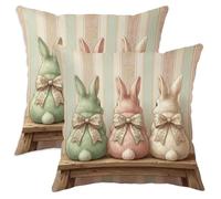 Set di 2 federe per cuscini con coniglio, stile vintage, con fiocco fantasioso, in legno, color verde pastello, in morbido velluto, lavabile, per soggiorno, appartamento, letto, divano, 66 x 66 cm