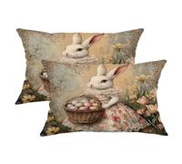 Set di 2 federe per cuscini con coniglio, stile vintage, fantasioso, con fiori primaverili, in morbido velluto pastello, lavabili, per casa, soggiorno, camera da letto, dormitorio, divano, decorazione