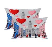 Set di 2 federe per cuscini con cuori, romantici edifici invernali, fiocchi di neve, in morbido velluto rosso, lavabile, decorative per soggiorno, appartamento, letto, divano, 50 x 30 cm