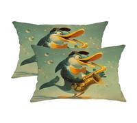 Set di 2 federe per cuscini con divertente anatra e sassofono, blu acqua, motivo animali dei cartoni animati, giocoso decorativo, quadrato, decorazione per la casa per divano 50 x 30 cm