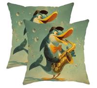 Set di 2 federe per cuscini con divertente anatra e sassofono, blu acqua, motivo animali dei cartoni animati, giocoso decorativo, quadrato, decorazione per la casa per divano 30,5 x 30,5 cm