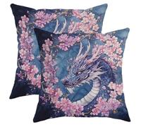 Set di 2 federe per cuscini con drago, motivo floreale blu, con fiori di ciliegio, decorazione primaverile, quadrata, per casa, divano, letto, divano, 40,6 x 40,6 cm