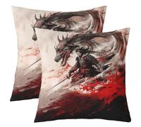 Set di 2 federe per cuscini con drago samurai giapponese, 55 x 55 cm, stile acquerello rosso sangue, per bambini, ragazzi, adolescenti, adulti, pittura a inchiostro, nero e grigio, per divano