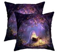 Set di 2 federe per cuscini con fantasmi autunnali, viola, foresta incantata, decorazione quadrata per Halloween, decorazione per la casa per divano letto e divano, 50 x 50 cm