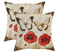 Set di 2 federe per cuscini con farfalla e papavero, decorazione floreale vintage antica, per divano, camera da letto, decorazione primaverile, 40,6 x 40,6 cm