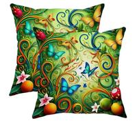 Set di 2 federe per cuscini con farfalla tropicale vibrante e vortice verde estivo con cerniera nascosta, per casa, soggiorno, camera da letto, dormitorio, divano, decorazione 50 x 50 cm