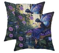 Set di 2 federe per cuscini con fata e farfalla blu, foresta incantata, decorazione estiva, quadrata, per casa, divano, letto, 45,7 x 45,7 cm