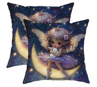 Set di 2 federe per cuscini con fatina, fantasia fantasy viola chiaro di luna, magiche, decorative, quadrate, per camera da letto, divano, 45,7 x 45,7 cm