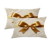 Set di 2 federe per cuscini con fiocco, eleganti e classiche, con nastro floreale, colore oro, con cerniera nascosta, per soggiorno, appartamento, letto, divano, 50 x 30 cm