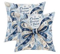 Set di 2 federe per cuscini con fiocco, motivo ancora nautiche costiere, barca a vela, estate, blu, in morbido velluto, lavabili, per casa, camera da letto, soggiorno, divano, decorazione 55 x 55 cm