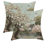 Set di 2 federe per cuscini con fiori di ciliegio, palloncini con natura primaverile, uccelli, verde primavera, con cerniera nascosta, per casa, soggiorno, camera da letto, dormitorio, divano