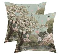 Set di 2 federe per cuscini con fiori di ciliegio, palloncini con natura primaverile, uccelli, verde primavera, con cerniera nascosta, per soggiorno, appartamento, letto, divano, decorazione per