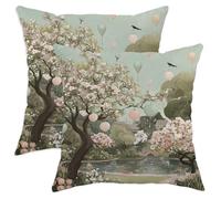 Set di 2 federe per cuscini con fiori di ciliegio, primavera, natura, palloncini, uccelli, verde primavera, morbido velluto, lavabile, per casa, soggiorno, camera da letto, dormitorio, divano