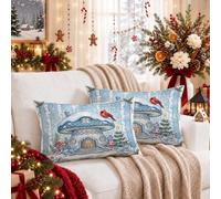 Set di 2 federe per cuscini con funghi invernali, 30,5 x 50,8 cm | Federe per cuscini a tema foresta invernale, scena di cottage nel bosco, accenti cardinali rossi, decorazione per la casa