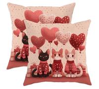 Set di 2 federe per cuscini con gatti, con cuori e palloncini, San Valentino, pesca, in morbido velluto, lavabile, per casa, soggiorno, camera da letto, dormitorio, divano, decorazione 40,6 x 40,6 cm