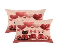 Set di 2 federe per cuscini con gatti, con cuori giocosi e festosi, palloncini e San Valentino, color pesca, in morbido velluto lavabile, per soggiorno, letto, ufficio, divano, sedia, decorazione 50 x