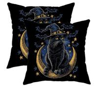 Set di 2 federe per cuscini con gatto di Halloween, strega nera e luna, decorative, per la casa spettrale, perfette per divano letto 50 x 50 cm