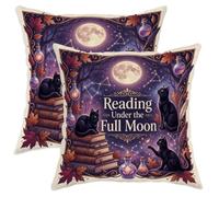 Set di 2 federe per cuscini con gatto, fantasiosi libri gotici, luna piena, Halloween, nero, morbido velluto, lavabile, quadrate, per casa, soggiorno, camera da letto, dormitorio, divano, decorazione
