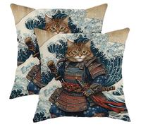 Set di 2 federe per cuscini con gatto samurai, guerriero felino, decorative per esterni, quadrate, con animali, per casa, divano, letto, 45 x 45 cm