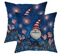 Set di 2 federe per cuscini con gnomo e fantasiose bandiere dei fuochi d'artificio del 4 luglio, in morbido velluto blu, lavabile, per soggiorno, appartamento, letto, divano, 55,8 x 55,9 cm
