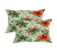 Set di 2 federe per cuscini con ibisco, tropicale, floreale, felce, uccello del paradiso, verde estivo, con cerniera nascosta, per casa, soggiorno, camera da letto, dormitorio, divano, decorazione 50