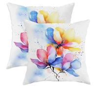 Set di 2 federe per cuscini con magnolie primaverili, 45 x 45 cm, comode, colorate, con stampa floreale con fiori ad acquerello, kit con cerniera, decorazione floreale per la casa per divano