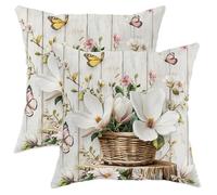 Set di 2 federe per cuscini con magnolie primaverili, 45 x 45 cm, comode federe in velluto con stampa di fiori e farfalle, con cerniera, decorazione floreale per la casa, divano, soggiorno, letto