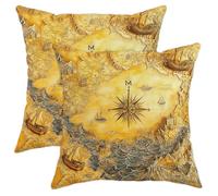 Set di 2 federe per cuscini con mappa vintage, design antico con bussola nautica, decorazione per la casa, divano, letto, 45,7 x 45,7 cm