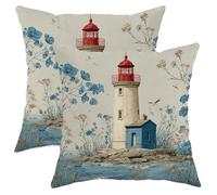 Set di 2 federe per cuscini con motivo a faro, stile vintage con fiori blu, tetto rosso, estate blu, con cerniera nascosta, per casa, soggiorno, camera da letto, dormitorio, divano, decorazione 50 x